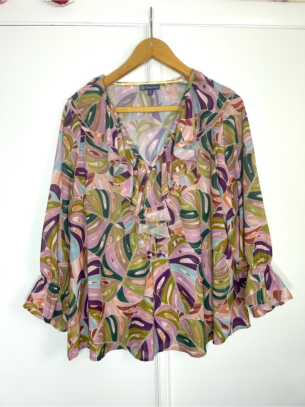 Democracy Monstera Leaf Ruffle Blouse - Picture 1 of 7